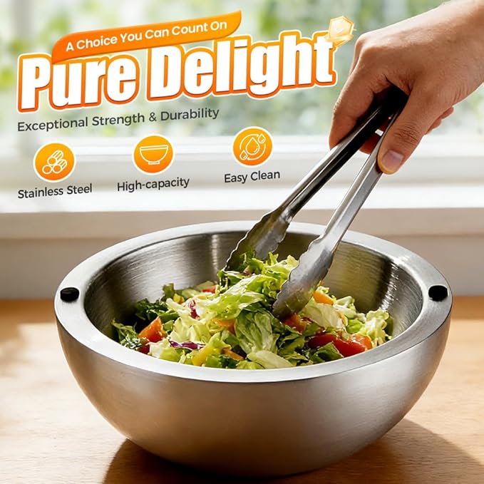 304 Stainless Steel Insulated Salad & Dipping Bowl, 2026 Double Wall Chill Serving Bowl with Ice/Hot Water, Insulated Dish Platter Keeps Salsa, Guacamole, Salad & Food (Caliber 24×11CM)
