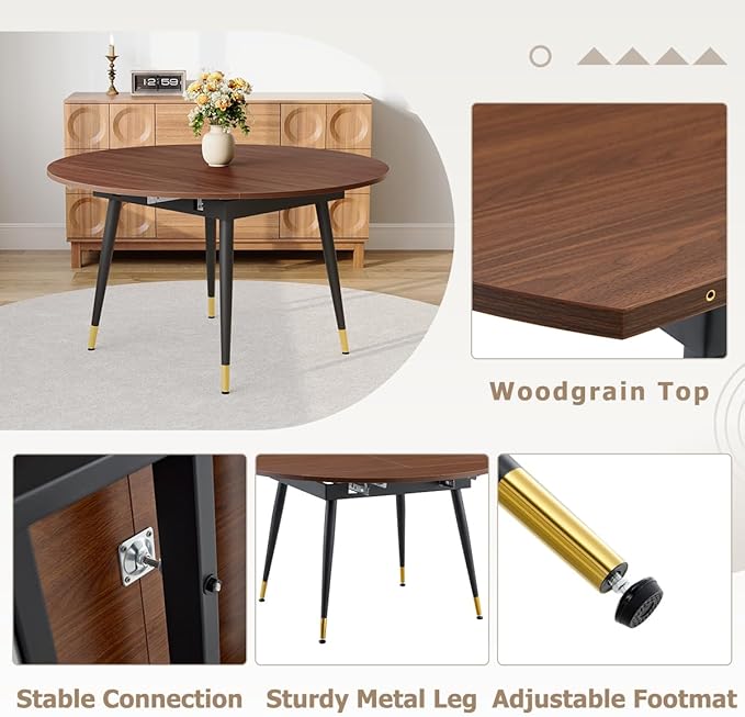 53” Round Dining Table Set for 4｜5 Piece Wood Dining Table Set｜Extendable Dining Room Table with 4 Chairs｜Walnut Wooden Tabletop with Metal Legs｜Easy Assembly｜Space Saving｜for Kitchen, Living Room