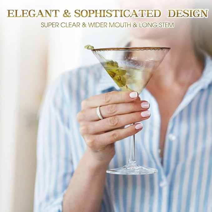Martini Glasses Set of 2, Gold Rim Hand-Blown Crystal Cocktail Glasses, 10oz Large Martini Glasses for Espresso, Cosmopolitan, Gimlet, Elegant Barware Gift for for Women, Men, Any Occasion
