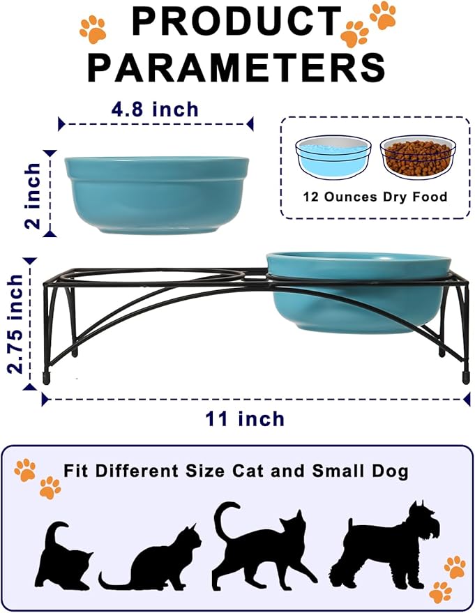 Y YHY Ceramic Raised Pet Bowls 12 oz Capacity 4.8” Height Sturdy Metal Stand, Turquoise