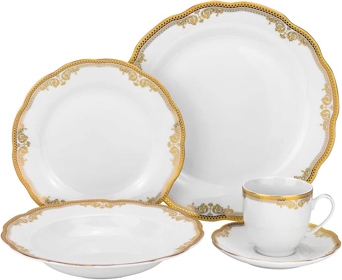 Euro Porcelain 20-pc Luxury Dinnerware Set with Scalloped Edges 24K Gold Ornament, HQ Dining Tableware Service for 4