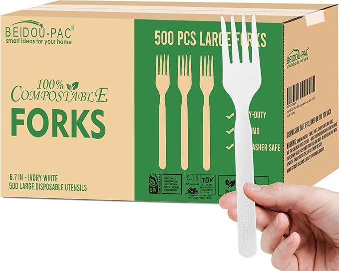 500 Count Compostable Disposable Non Plastic Forks, Large Heavy Duty Biodegradable Utensils, Eco Friendly Durable Sturdy Recyclable Forks Flatware Silverware for Party Wedding Daily Use