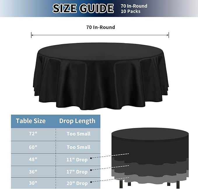 PureFit 10 Pack Round Black Table Cloths 70 Inch for Round Tables, Stain and Wrinkle Resistant Table Linens for Home Use, Wedding, Party, Banquet and Camping