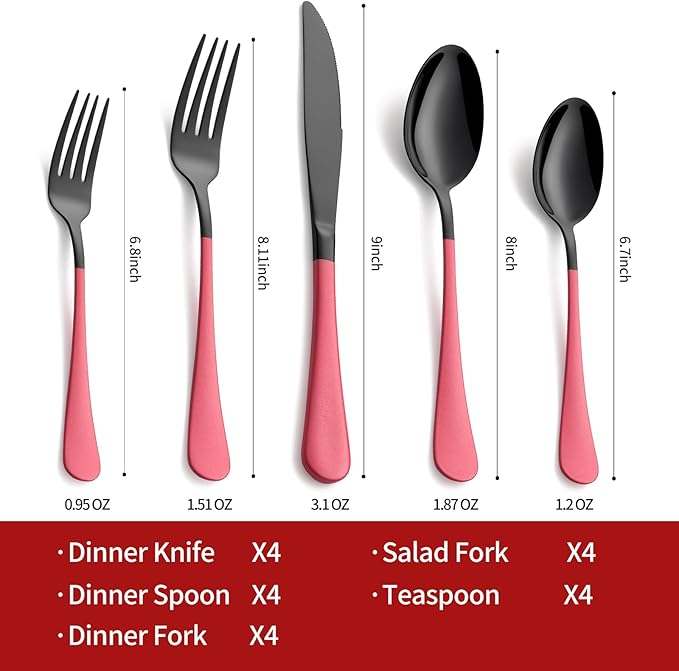 20-Piece Pink Silverware Set 18/0 Stainless Steel Black Silverware Set Yellow Handle Cutlery Black Set Service for 4 Dinner Knives Forks Spoons Set Flatware Set Finish Dishwasher Safe