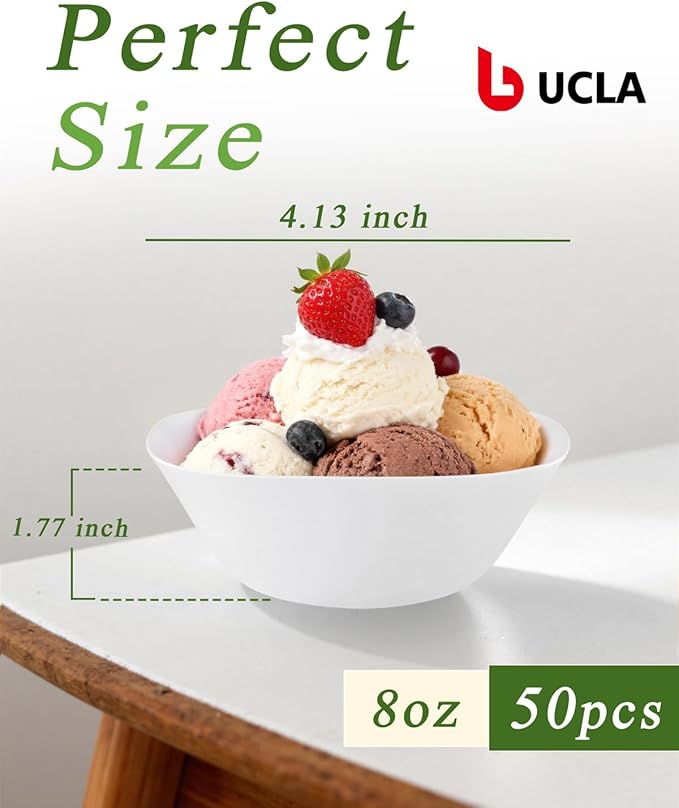 bUCLA 50Pack White Plastic Small Bowls - 8oz Disposable Ice Cream/Salsa/Dipping/Dessert/Sauce/Small Serving Bowls for Party