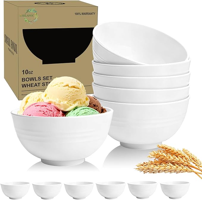 Wheat Straw Small Bowls 10 OZ, Unbreakable Dessert Bowls Set of 6, Microwave & Dishwasher Safe Bowl for Kitchen, Mini Reusable Plastic Bowl for Indoor Outdoor, White