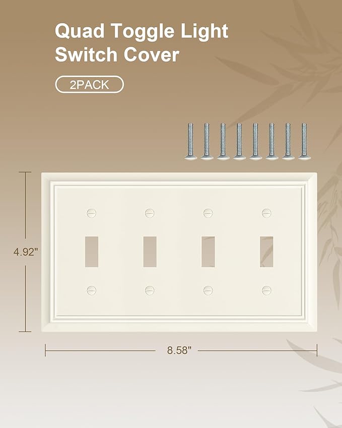 2-Pack Quad Toggle Light Switch Cover Plate, Almond Decorative Switch Plate Covers, Natural Bamboo Fiber 4 Gang Wall Plate for Toggle Light Switch and Rotary Dimmer Switch