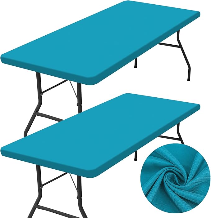 homing 2 Pack Rectangle Table Cloth, Elastic Fitted Fabric Tablecloth Fits for 4 Foot Folding Tables, Washable Table Cover for Picnic, Camping, Indoor & Outdoor (Teal, 24" x 48")