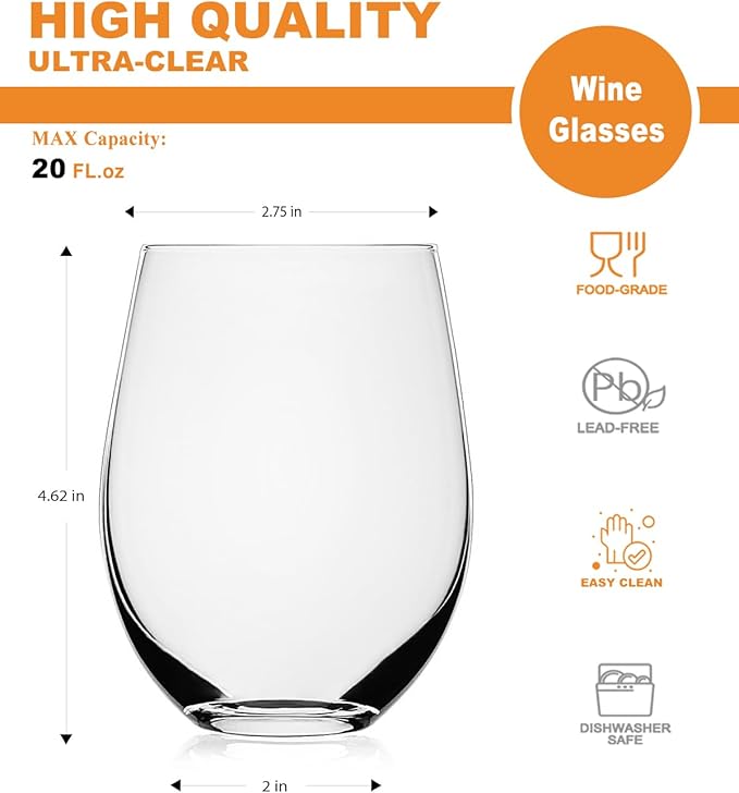 LUXU Stemless Glasses(Set of 2)-20 oz,Clear Wine Cups,Crystal Whiskey Tumblers,Large Water Goblets,Drinking Glassware for Beer,Great Wine Gifts
