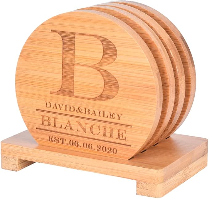 Personalized Coasters, Custom Engraved Coasters, Bamboo Coasters for Drinks, Monogram Coasters with Holder, Great Gifts for Relatives, Friends or Yourself (B, Set of 4)