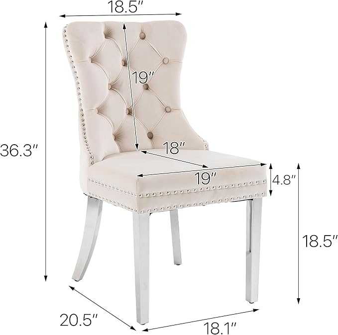 KCC Velvet Dining Chairs Set of 2, Upholstered High-end Tufted Dining Room Chair with Nailhead Back Ring Pull Trim Stainless Steel Legs, Contemporary Nikki Collection Modern Style for Kitchen, Beige