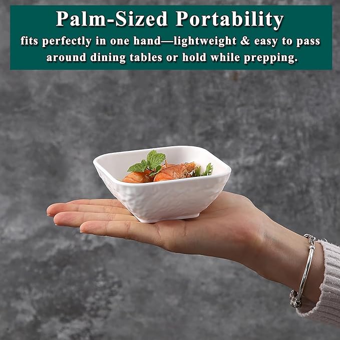 Kyraton Dip Bowls Set 6pcs 6oz, White Plastic Dipping Bowls Soy Sauce Plate for Side Dishes, Condiment Server for Tomato Sauce, Ketchup, Vinegar, BBQ and Party Dinner, Mini Appetizer Plates.