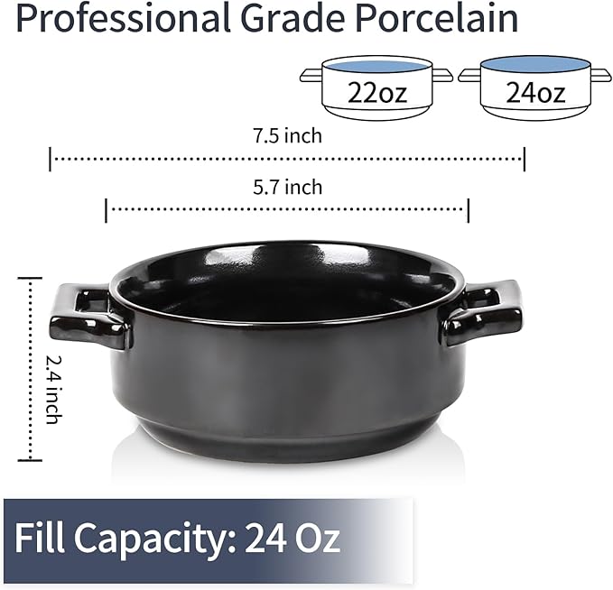 vicrays Ceramic Soup Bowls with Handles, 24 Oz Porcelain Soup Crocks for French Onion Soup, Cereal, Beef Stew, Chill, Pasta, Pot Pies, Microwave and Oven Safe, Set of 4 (Black)