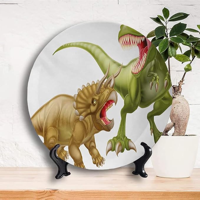 Ceramic Display Plate, Dinosaur Ceramic Hanging Decorative Plate, Rex Versus Triceratops Scaring Each Other, 6 Inch, Household Custom Ceramic Plate, Green Pink Pale Brown