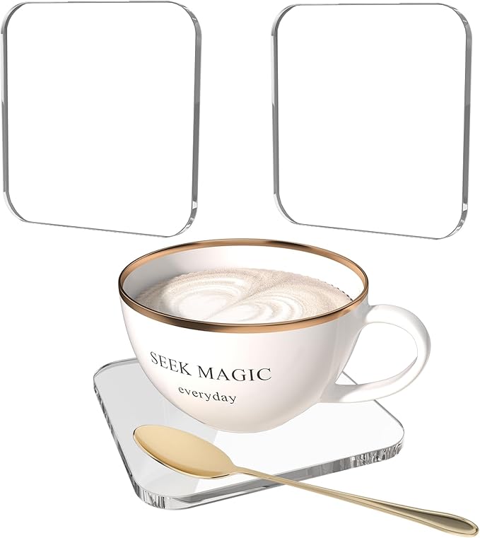 2 PCS Acrylic Coasters, Aesthetic Drink Coaster for Coffee Table, Clear Heat-Resistant Decorative Plates for Home Office Desk, Scratch-Proof Cup Protector for Kitchen Bar (Square 4'' 2 Pcs)