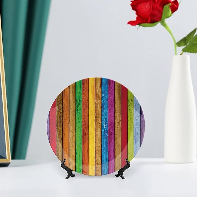 Decorative Plates, Abstract Print Ornament, Vibrant Wooden Artistic Cheerful Art Rainbow Image, 7 Inch, 1 Plate with 1 Display Stand, Multicolor