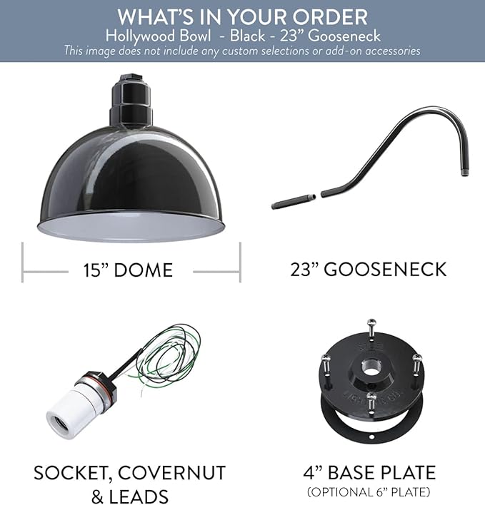 Steel Lighting Co. Hollywood Bowl Light | Outdoor Wall Mounted | 15 inch Bowl Dome | 23 inch Gooseneck | Barn Light Made in America | Black Exterior/White Interior
