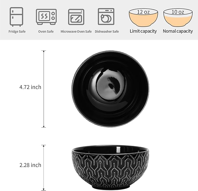 Sureasy Ceramic Ice Cream Bowls, 12oz Embossed Dessert Bowls Set, 4.6 Inch Stoneware Small Bowls for Snack, Sauce, Fruits, Microwave and Dishwasher Safe, Set of 4, Black