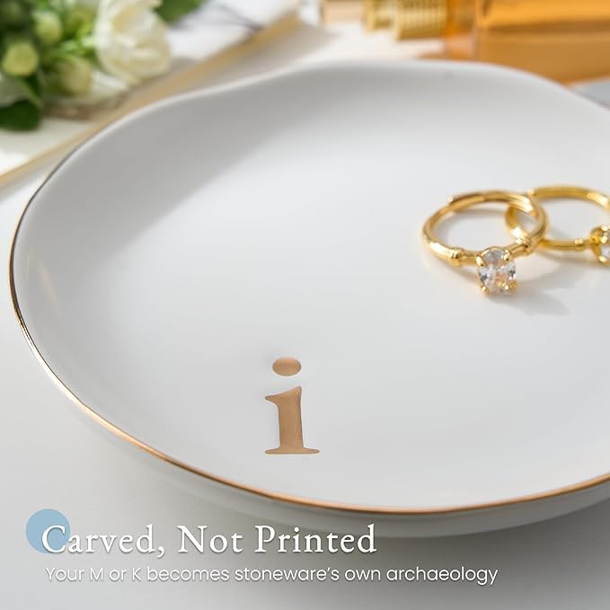 Lolalet Handmade Ceramic Ring Dish Jewelry Tray Plate with Initial, Small Monogram Gift for Her Women Girls Mother, Hostess, Engagement, Bridal Shower, Maid of Honor, Bridesmaid, Birthday, Christmas