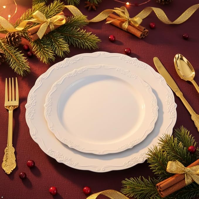 U-QE 100 Pieces White Plastic Plates - White Disposable Plates - Premium Hard Plastic Disposable Plates for Wedding and Party Use Including 50 Dinner Plates 10 '' & 50 Dessert Plates 7.5 ''