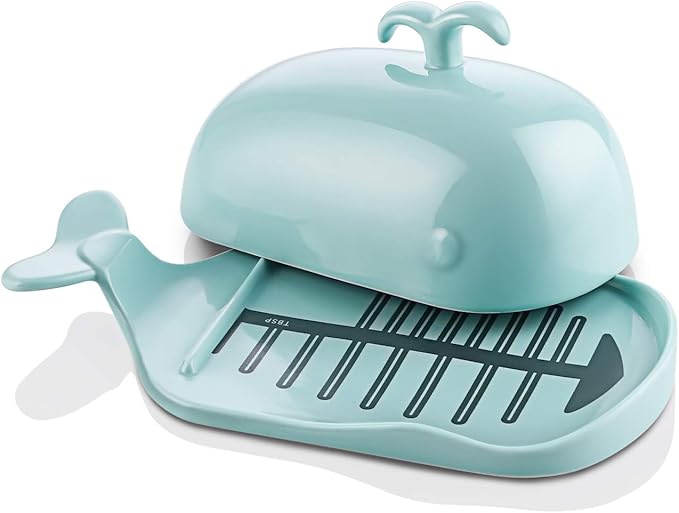 DOWAN Whale Butter Dish, Cute Butter Dish, Funny Gifts for Mom Wife Friends, Fish Bone Cutting Measuring Lines and Tail Non-slip Design, Ideal Decor Gift for Birthday Wedding Housewarming, Turquoise