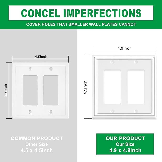 White Modern Decorative Wall Plate Light Switch Cover Decorator Outlet Covers Rocker Switch Plates Bamboo Fiber Material Wall Plates for Kitchen Bathroom (2 Gang Double Decorator-2 Pack)