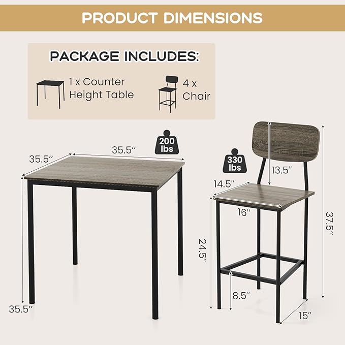 Giantex 5-Piece Dining Table Set W/Counter Height Table & 4 Bar Stools, Modern Kitchen Dining Set W/Footrest & Backrest, Space-Saving Dinette Set for Pub, Dining Room, Restaurant (Black Oak)
