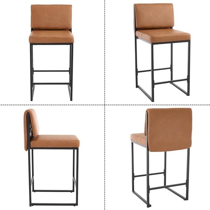 Modern Barstools Set of 2, 26” Upholstered Counter Height Bar Stools PU Leather Fabric Counter Stools with Padded Back Metal Frame for Kitchen Island Dining Room, Brown
