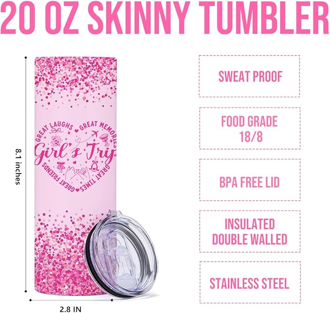 4 PCs Girls Trip 20oz Stainless Steel Tumbler, Girls Trip Gifts Favors Straight Skinny Coffee Mug, Insulated Tumblers Cups Weekend Gifts for Friendship Vacation Bachelorette Party