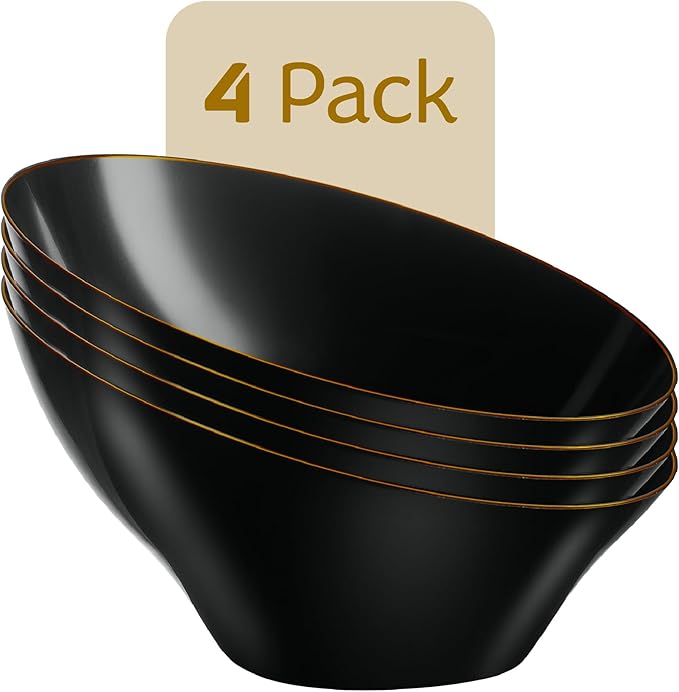 PLASTICPRO Angled Plastic Bowls Disposable Large Plastic Black Serving Bowls with Gold Rim for Party for Appetizer Salads Pack of 4