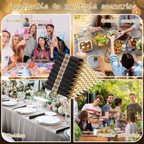Supernal 60 Pack Pre Rolled Gold Plastic Silverware with Black Napkins Set - Image 6