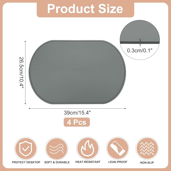 uxcell 4 Pcs Oval Silicone Placemat, 15.4" x 10.4" Non-Slip Washable Table Placemats Heat Resistant Waterproof Mat with High Edge for Table Kitchen Desk Protection, Dark Gray