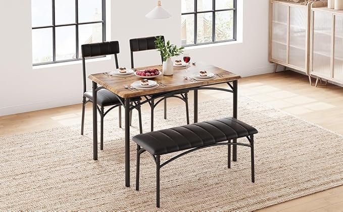 4-Piece Small Dining Table Set – Wood Table with 2 Upholstered Chairs & Bench, Space-Saving Retro Kitchen Dining Set for Small Apartment/Dining Room, Brown