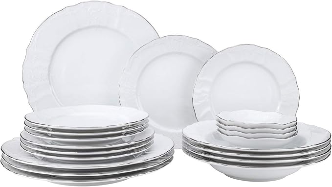 Euro Porcelain 20-pc Luxury Dinnerware Set w/Platinum Silver Ornament, HQ Dining Tableware Service for 4 (Bernadette wht.)