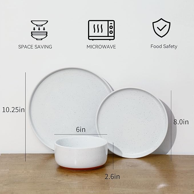 GZG Modern Art Series - 24 Pcs Speckled Stoneware Plates and Bowls Sets, Ceramic Dinnerware Set with Rustic Terracotta Underside, Microwave and Dishwasher Safe Handcrafted Dishes Set - Porcelain White