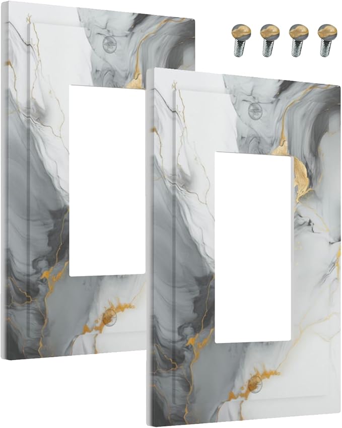 Outlet Covers Gray/Gold Marble Abstract Modern Luxury 1 Gang Wall Plate Single Rocker Light Switch Cover Decorative GFCI Receptacle Electrical Switchplate for Bathroom Bedroom Decor（2 Pack）