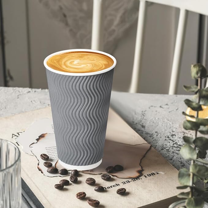 100 Pack 16 oz Coffee Cups with Lids, Disposable Insulated Hot Cups To Go Paper Coffee Cups, Corrugated Ripple Wall Cup for Hot Drink, Office, Coffee Bar (Grey 16 oz)