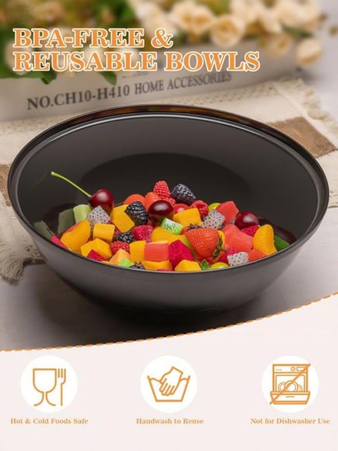 BESTVIP 150oz 4 Pack Black Plastic Serving Bowls for Party, Disposable 11.6" Large Salads Container for Snacks, Chips, Meal Prep, Stackable Candy Dishes for Christmas, Holiday, Reusable