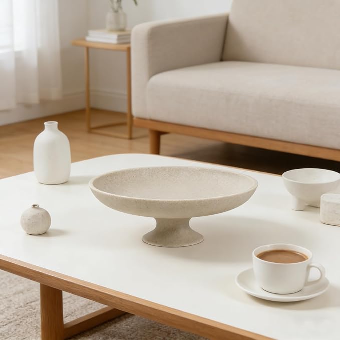 Large Decorative Bowl, Decorative Fruit Bowl for Kitchen Counter, Modern Pedestal Bowl for Home Decor, Stylish Key Bowls for Entry Table, Coffee Table Decorations (Beige)