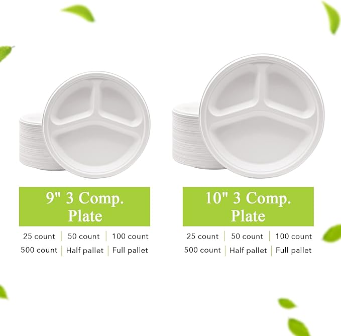 three leaf 10" 3 COMPARTMENT BAGASSE ROUND PLATE, 125 Ct. Heavy-Duty- Super Strong- Natural- Eco-Friendly Disposable Bagasse Plates, 100% Biodegradable 10 inch 3 compartment plates