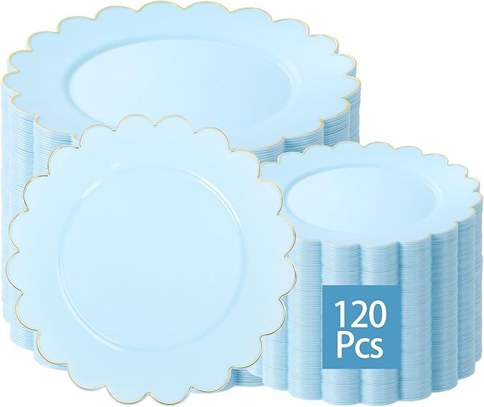 LIYH 120 Pcs Baby Blue Plastic Plates with Gold Edge - Disposable Light Blue Scalloped Baby Shower Plastic Plates Includes 60 Dinner Plate 10.25" & 60 Dessert Plate 7.5" for Birthday Party