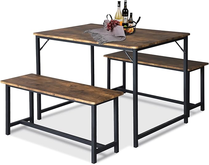 Kitchen Table Set with 2 Benches, Breakfast Nook Table Set, Wood Dining Table Set for 4-Person Space-Saving Dinette for Kitchen, Farmhouse Classic Modern, Rustic Brown