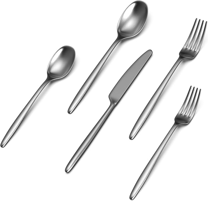 JazzUpCo Ava Flatware Flatware non toxic 18/10 stainless steel dishwasher safe (Matte Silver, 12 Person Set (60 Pieces))