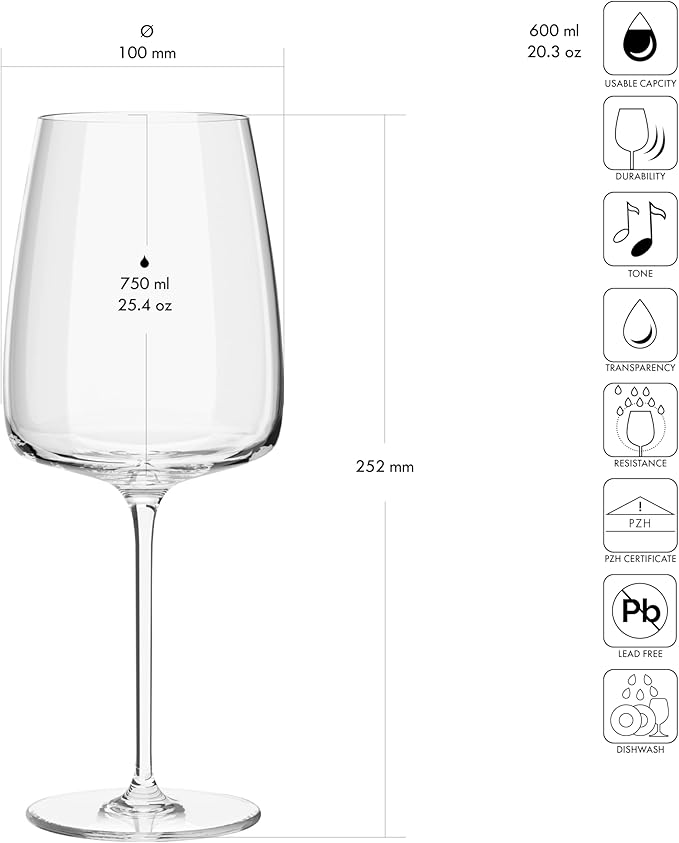 Krosno Red Wine Glasses, Set of 4, 20.3 oz, Modern Collection, Versatile and Durable Crystalline Glass, Pristine Clarity and Long-Lasting Shine, Dishwasher Safe, Made in Europe