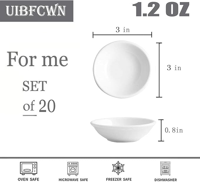 UIBFCWN 20 Pack Ceramic Dipping Bowls, 3 Inch Dipping Sauce Bowls/Dishes, 1.2 oz Soy Sauce Dish, Asian Dipping Dishes for Ketchup, BBQ, Side Dish, Sushi, Condiments, Appetizer