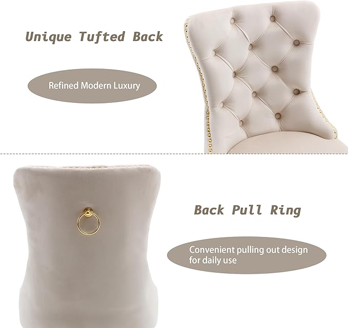KCC Velvet Dining Chairs Set of 2, Upholstered High-end Tufted Dining Chair with Nailhead Back Ring Pull Trim Stainless Steel Legs, Contemporary Nikki Collection Modern Style for Kitchen, Beige