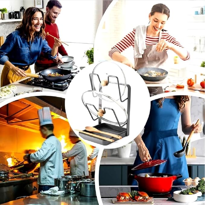 Double Layer Kitchen Pot Lid Storage Rack, Stainless Steel Pot Lid Holder While Cooking & Spoon Rest, Multifunctional Pot Lid Organizer with Removable Drip Tray for Countertop