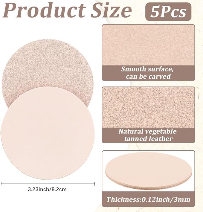 5PCS 3.23 Inch Round Vegetable Tan Genuine Leather Pad for Laser Engraving 3mm Thick Tooling Veg Circular Leather Pieces Sheet for Coasters Tooling Stamping Carving