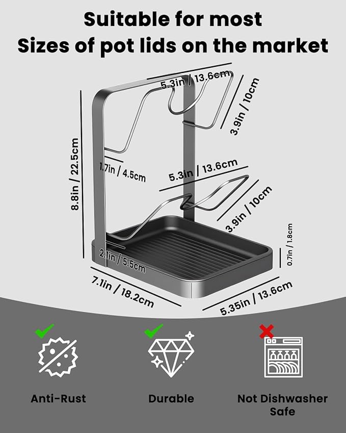 Pot Lid Organizer Holder Kitchen Storage Rack While Cooking Inside Cabinet Pan Cover Countertop with Double U-Shaped Slots over the Stove Spoon and Rest for Cutting Board Stand Drip Tray