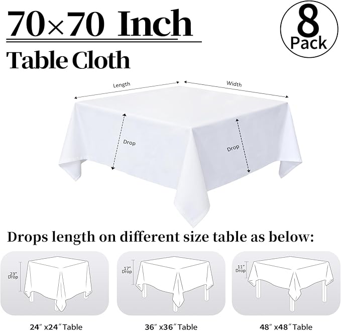 8 Pack White Square Tablecloth 70 x 70 Washable Polyester Table Cloth for Square or Round Tables, Wrinkle Resistant Fabric Decorative Covers for Dining Party Banquet Buffet and Wedding